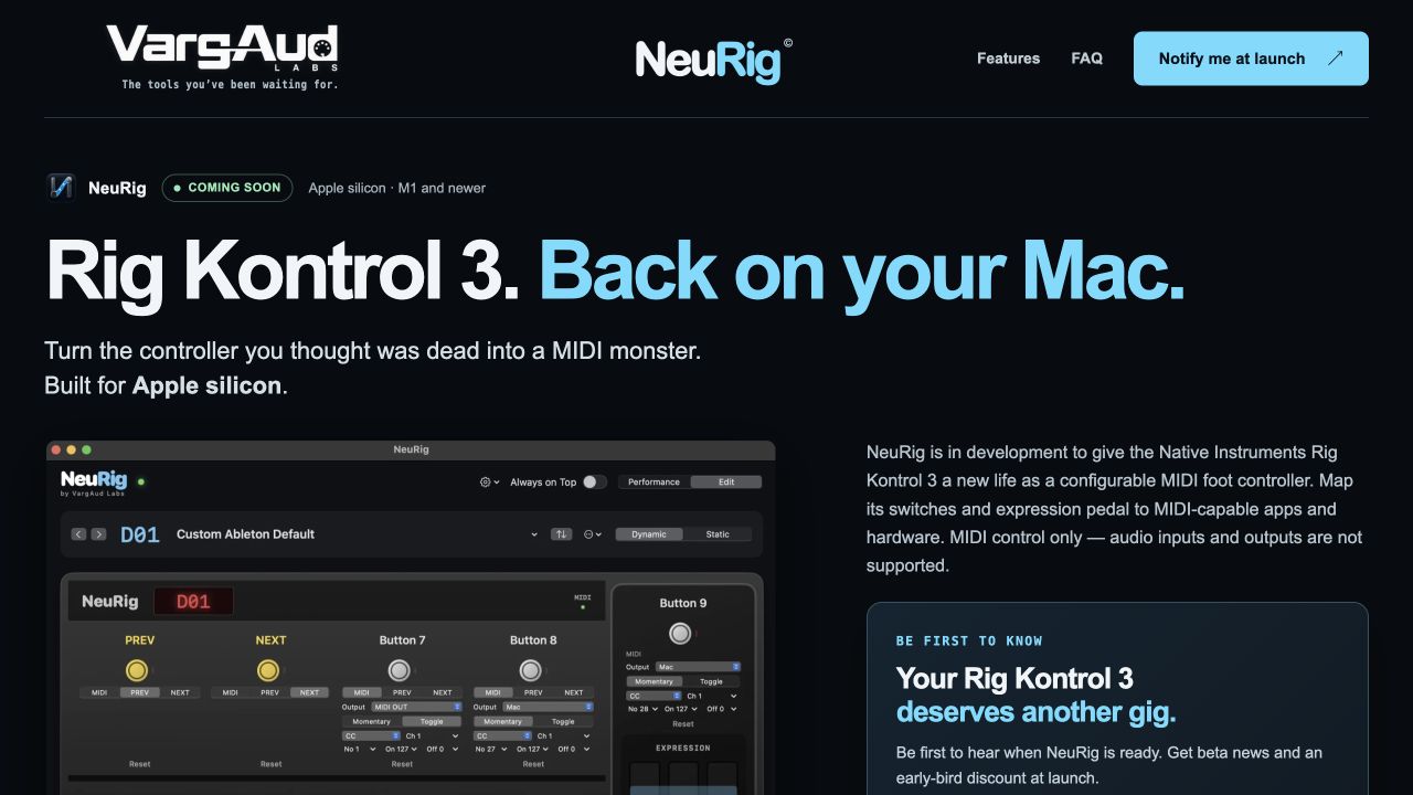 VargAud Labs website preview showing NeuRig for Rig Kontrol 3 on Mac